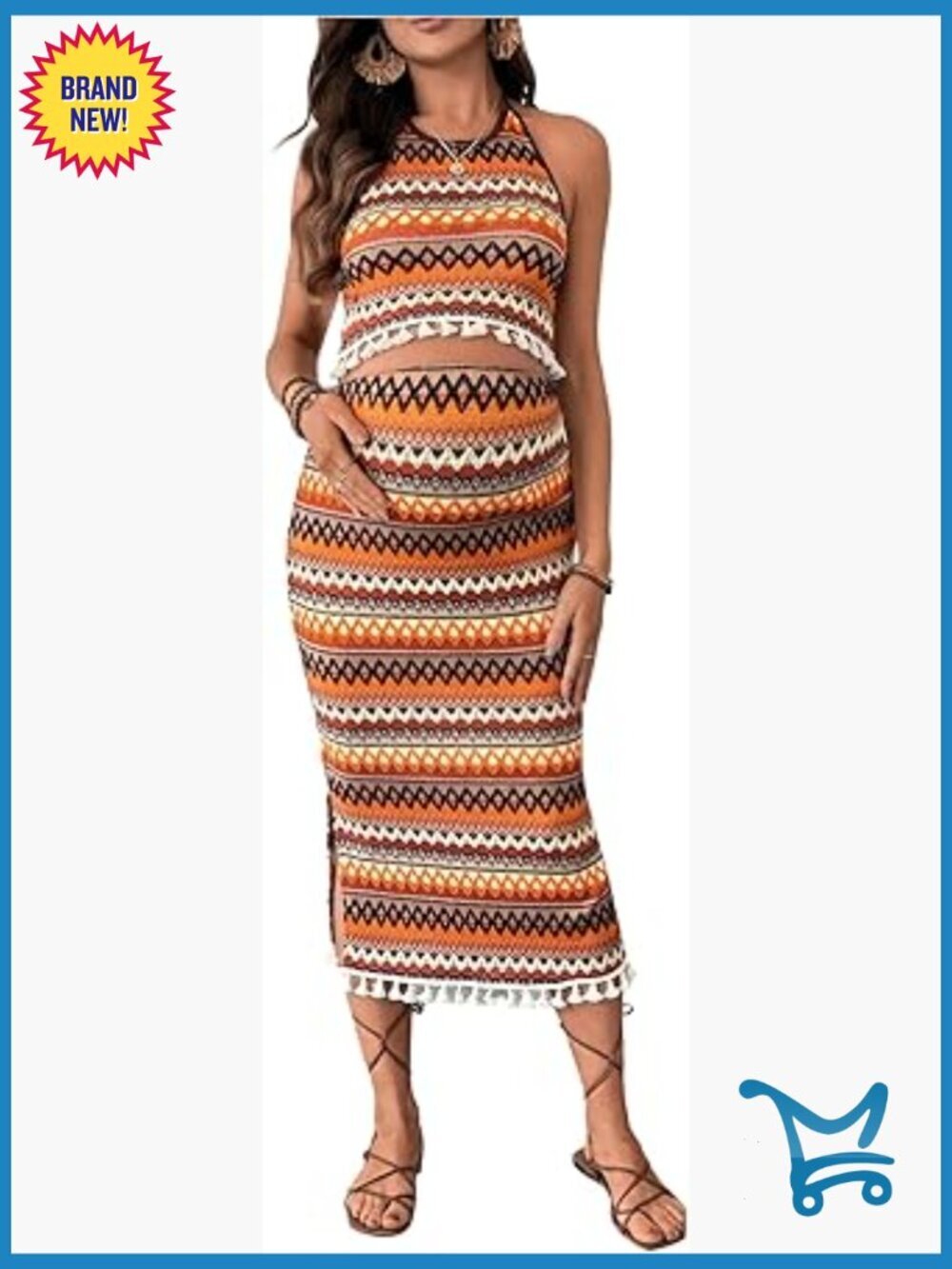 2 Piece Maternity Outfit Halter Top with Slit Skirt Set